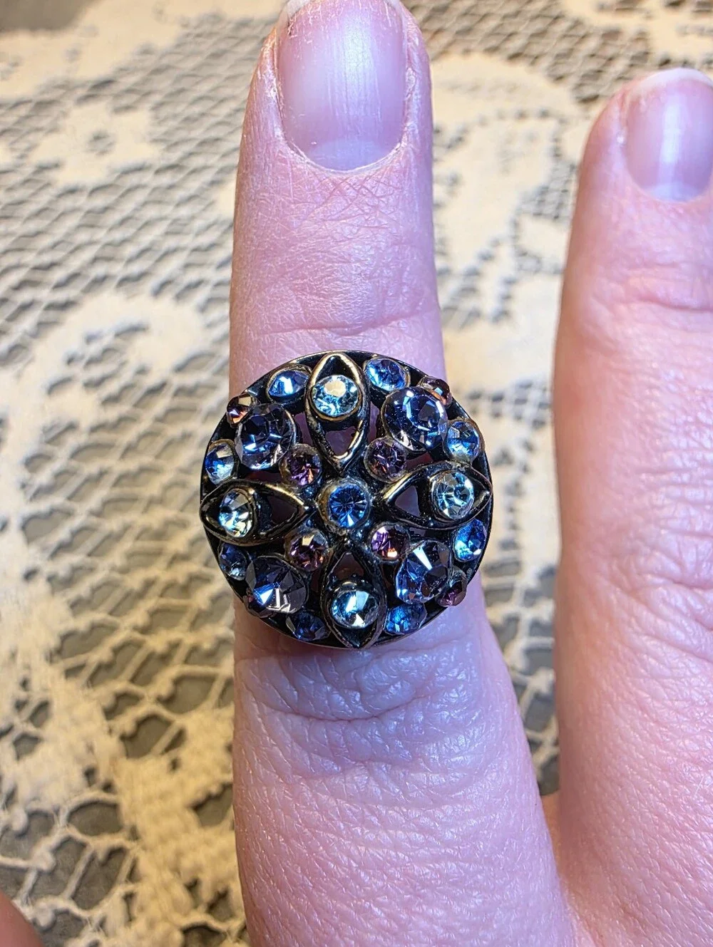 Size 8 Blue Purple Rhinestone Gunmetal Statement Cocktail Ring